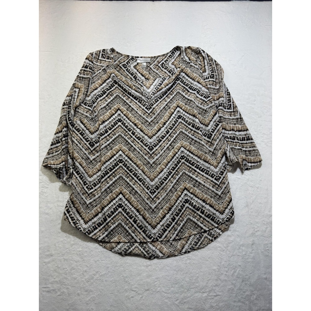 Dressbarn Shirt Womens 1X Beige Geometric V Neck‎ Tunic 3/4 Sleeve Pullover